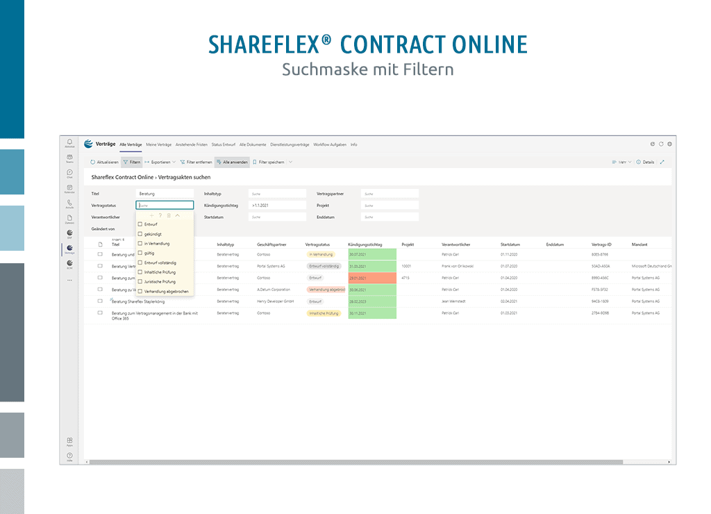 Die Suchmaske in Shareflex Contract Online mit Filtern und Ergebnissen