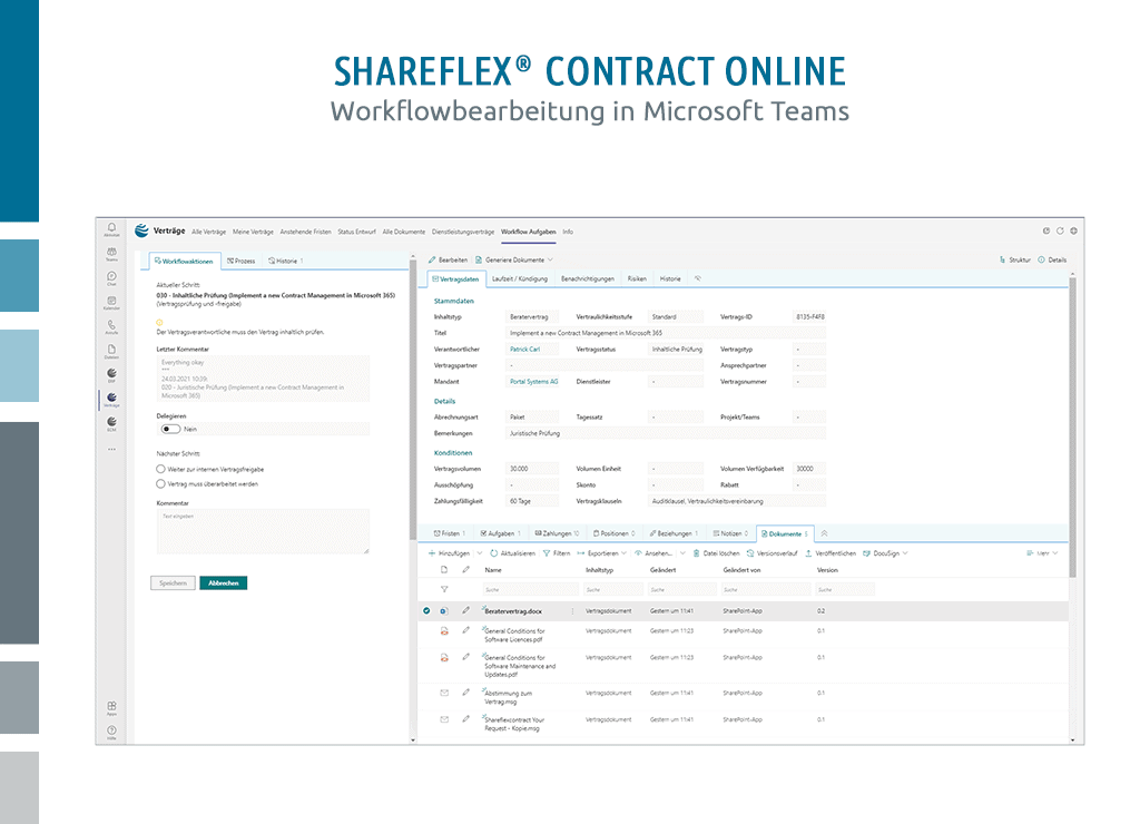 Bearbeitung von Vertragsmanagement-Workflows mit Microsoft Teams und Shareflex Contract Online