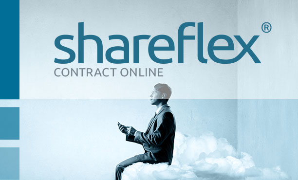Schriftzug Shareflex Contract Online über einem Mann mit Mobiltelefon auf einer Wolke