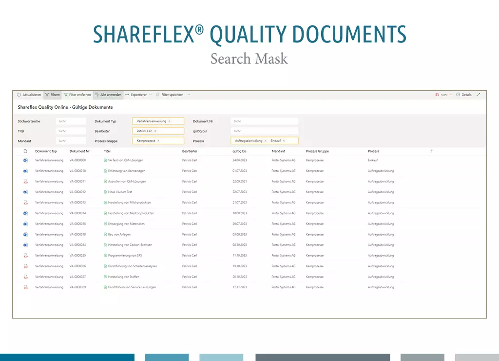 Screenshot of the search mask for documents in the document control software Shareflex Quality Documents.