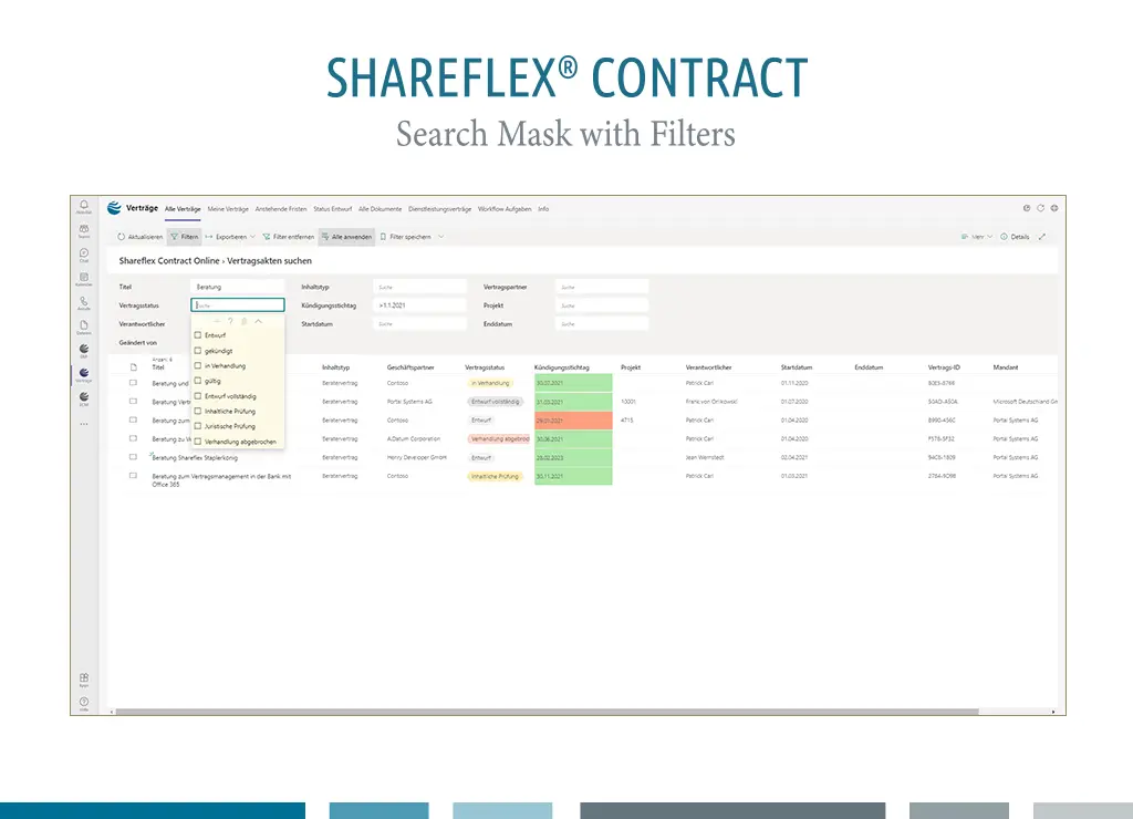 Screenshot of the search mask in Shareflex Contract with filters and results.