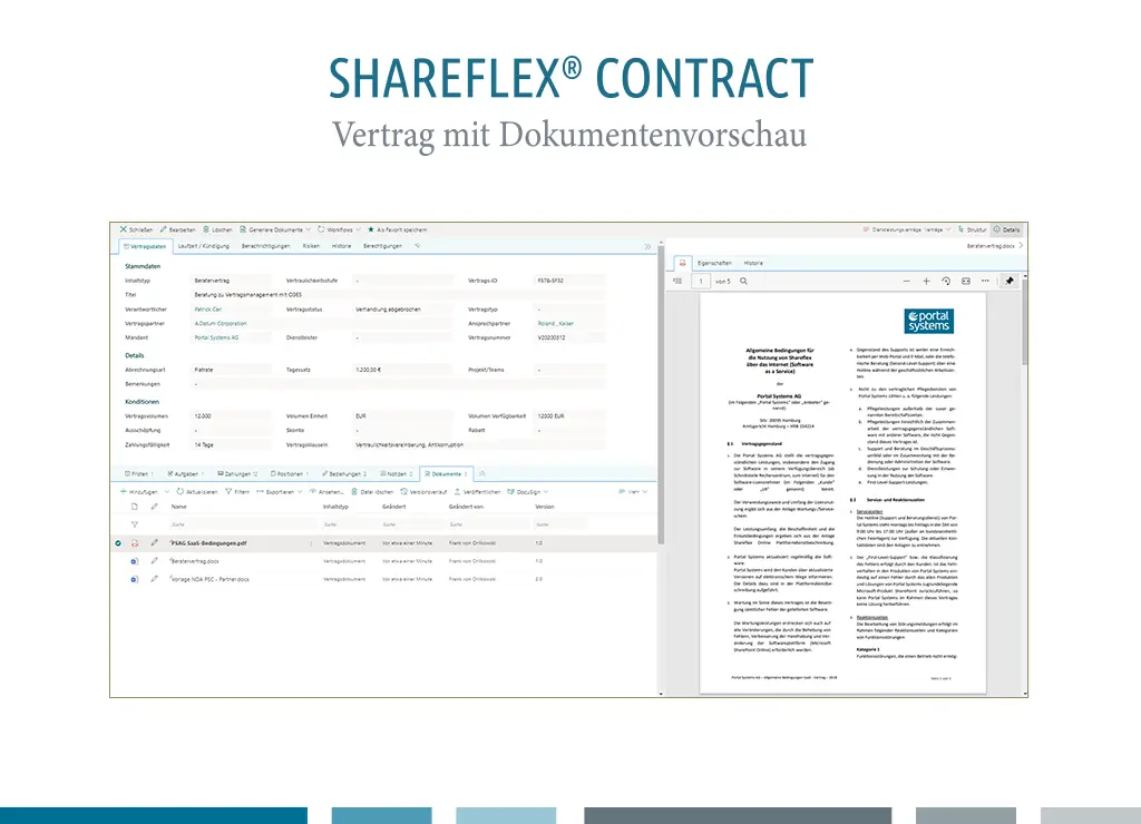 Screenshot der Benutzeroberfläche der Vertragsakte mit Dokumentenvorschau im Vertragsmanagement Shareflex Contract.