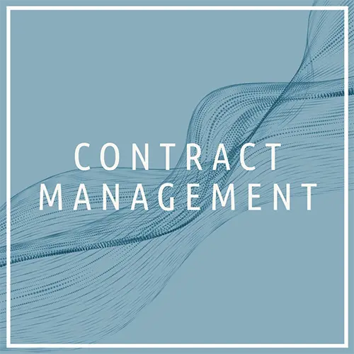 Lettering contract management on a blue background with a curved line pattern.