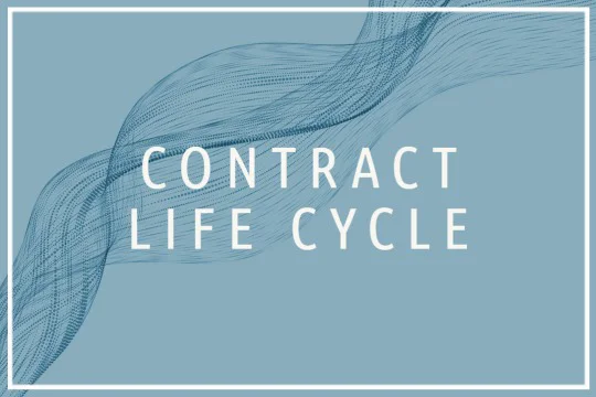 Contract life cycle inscription on a blue background with a curved line pattern.