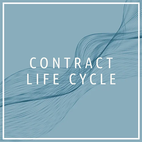 Contract life cycle inscription on a blue background with a curved line pattern.