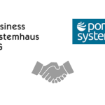 Logos of Portal Systems and Business Systemhaus AG above the graphic representation of a handshake.
