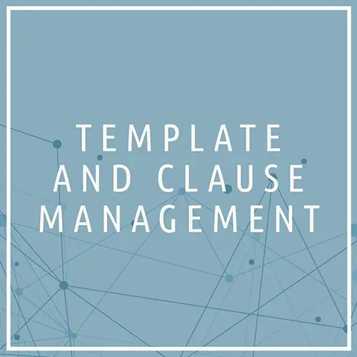 Lettering template and clause management against a blue background with a network of interconnected lines.