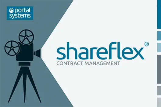 Ein Filmprojektor unter dem Firmenlogo von Portal Systems und daneben das Shareflex Contract Logo.