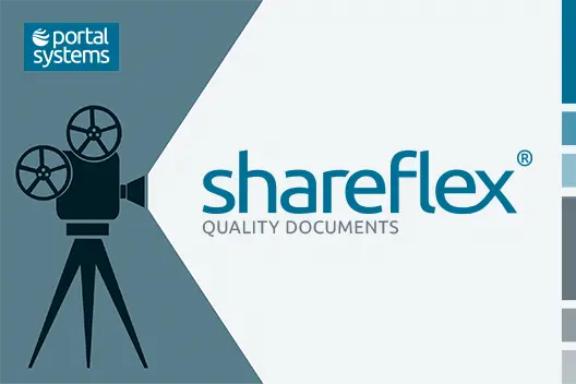 Ein Filmprojektor unter dem Firmenlogo von Portal Systems und daneben das Shareflex Quality Documents Logo.