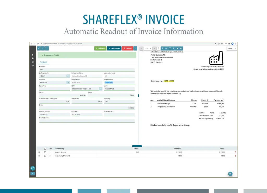 Screenshot of the Shareflex Invoice Reader Online user interface.