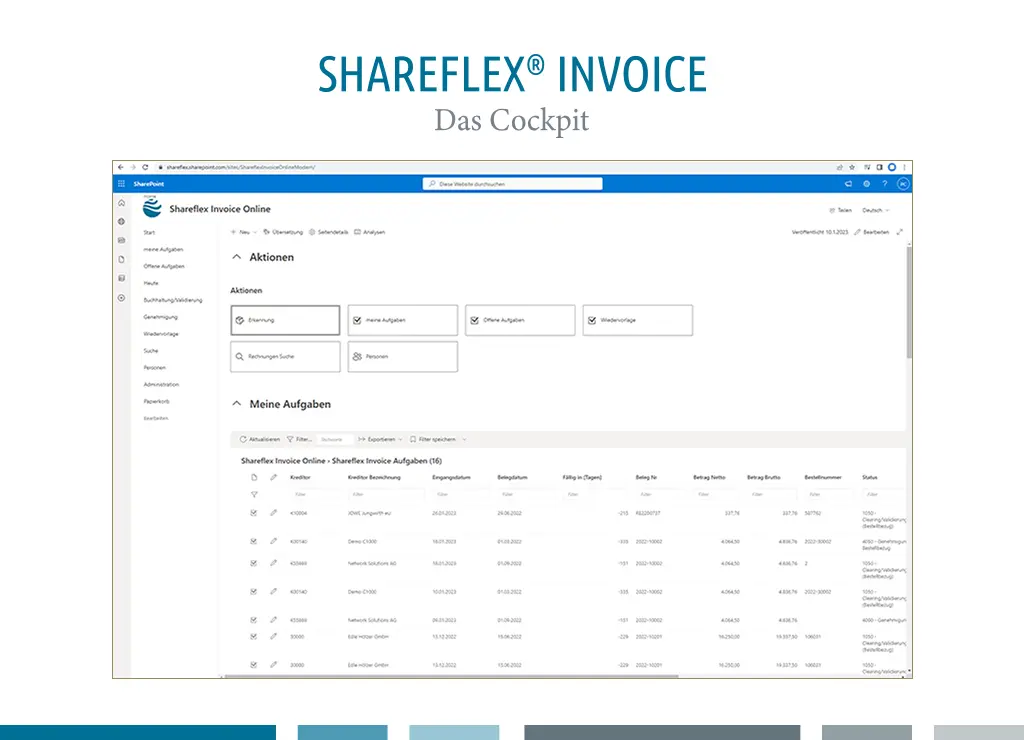 Screenshot des Cockpits mit Aktionen und Aufgaben in der Rechnungsverarbeitungs-Software Shareflex Invoice.