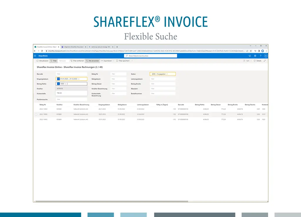 Screenshot der Suchmaske von Shareflex Invoice, der Software für Eingangsrechnungsverarbeitung mit SharePoint und Microsoft 365.