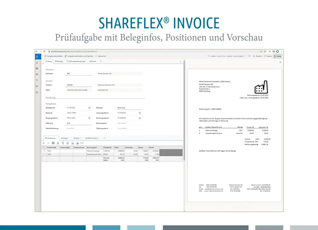 Screenshot einer Prüfaufgabe mit Beleginfos und Positionen auf der linken und einer Dokumentenvorschau auf der rechten Seite als Teil von Shareflex Invoice, der Software für Eingangsrechnungsverarbeitung mit SharePoint und Microsoft 365.