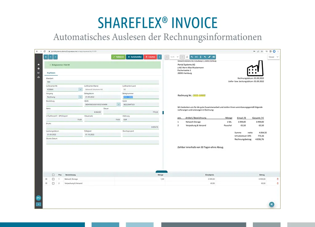 Screenshot der Benutzeroberfläche des Shareflex Invoice Reader Online.