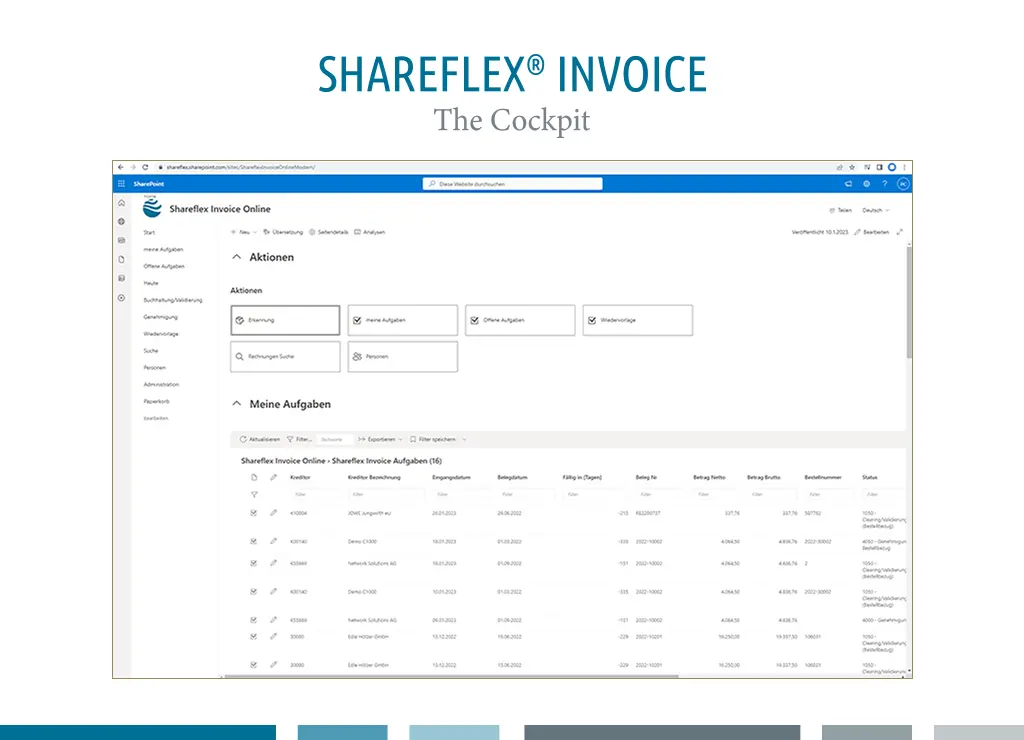 Screenshot of the cockpit with actions and tasks in the invoice processing software Shareflex Invoice.