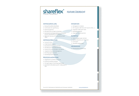 Die Feature-Übersicht zu Shareflex Contract, der Vertragsmanagement-Software für Microsoft 365 und SharePoint.
