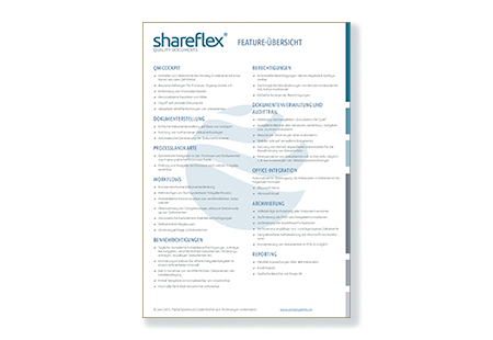 Die Feature-Übersicht zu Shareflex Quality Documents, der Software für Dokumentenlenkung mit Microsoft 365 und SharePoint.