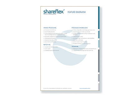 The feature overview of Shareflex Invoice, the software for invoice processing with Microsoft 365 and SharePoint.