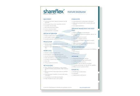 The feature overview of Shareflex Quality Documents, the software for document control with Microsoft 365 and SharePoint.