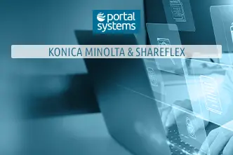 Eine Person schreibt an einem Laptop, darüber sind verschiedene Symbole für das Dokumentenmanagement zu sehen sowie das Logo von Portal Systems und der Schriftzug "Konica Minolta & Shareflex".