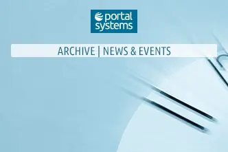 Text line "Archive | News & Events", above it the Portal Systems logo and in the background the somewhat blurred dial of a clock showing 10 o'clock and 5 minutes.