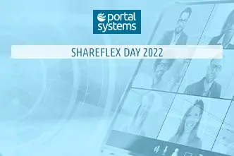 Ein Laptop, auf dessen Bildschirm verschiedene Teilnehmerinnen und Teilnehmer einer Web-Konferenz zu sehen sind, darüber das Logo von Portal Systems und der Schriftzug "Shareflex Day 2022".