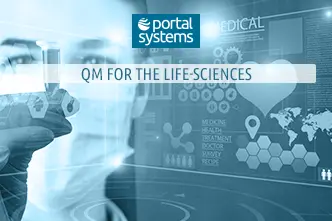 Laboratory assistant holding a sample in front of a monitor displaying medical data with the Portal Systems logo and the words "QM for the life science industry" above.