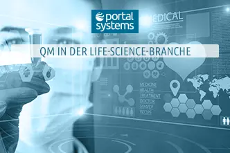 Laborantin mit einer Probe in der Hand vor einem Monitor mit medizinischen Daten, darüber das Portal Systems Logo und der Schriftzug "QM für die Life-Science-Branche".