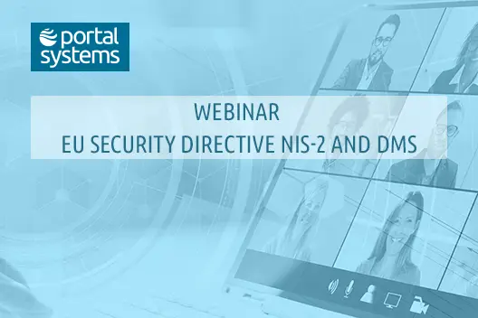 A laptop with a screen showing various participants in a web conference, above the logo of Portal Systems and the words "Webinar | EU Security Directive NIS-2 and DMS".