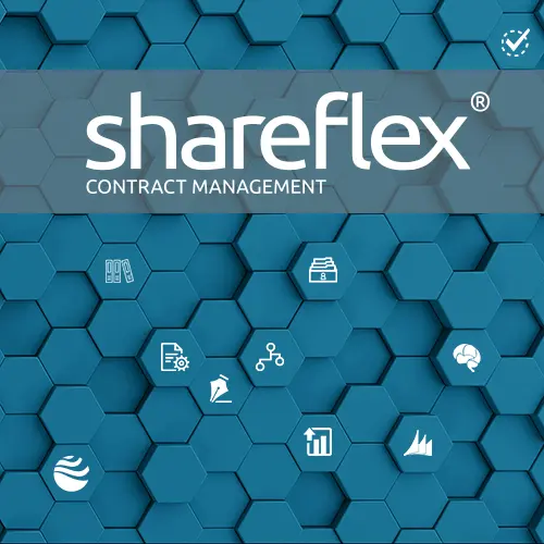 The Shareflex Contract logo on blue hexagonal structure with various icons for contract management functions.