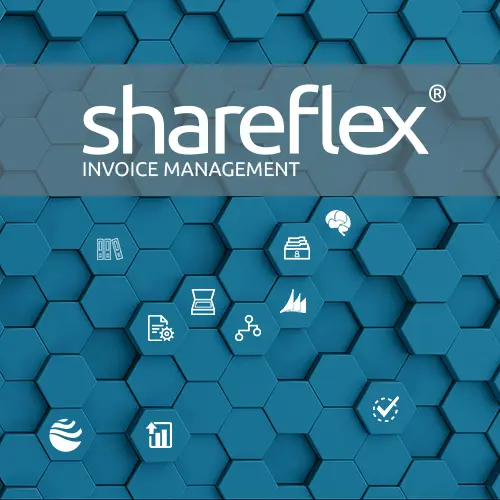Das Logo von Shareflex Invoice auf blauer Wabenstruktur mit verschiedenen Icons für Funktionen der Eingangsrechnungsverarbeitung.