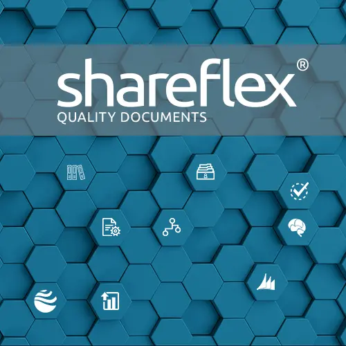 Das Logo von Shareflex Quality Documents auf blauer Wabenstruktur mit verschiedenen Icons für Features der Software für Dokumentenlenkung.