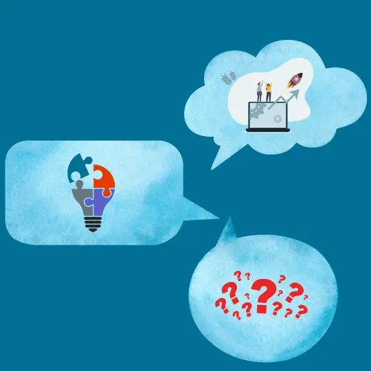 Three speech bubbles on a blue background. The bottom one shows question marks, the middle one a light bulb and the top one a drawing of a laptop with two people waving after a rocket taking off.