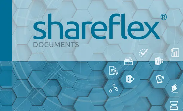 The Shareflex Documents logo on a blue honeycomb structure with various icons for document management functions.