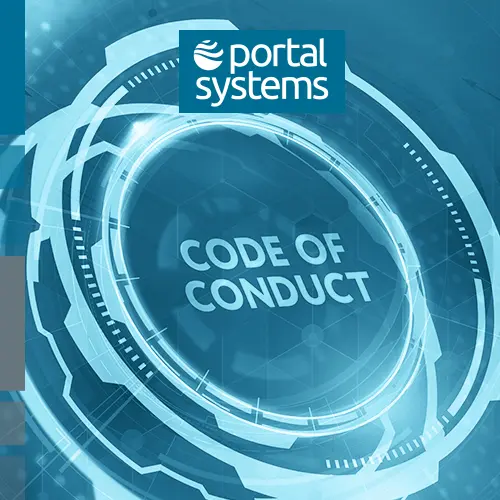 Ein virtueller, futuristischer Screen mit der Inschrift Code of Conduct sowie das Logo der Portal Systems AG.