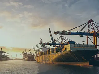 Containerschiffe im Hamburger Hafen, mit der Köhlbrandbrücke im Hintergrund.