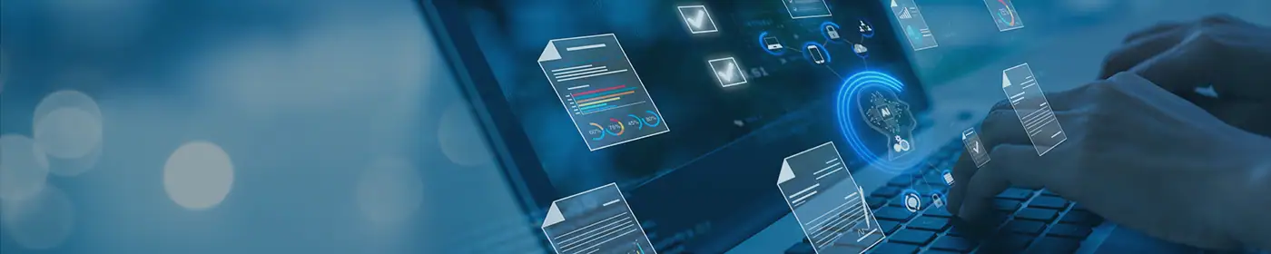 Künstliche Intelligenz unterstützt beim Vertragsmanagement Verschiedene Symbole für den Einsatz von KI im Vertragsmanagement auf einem Laptop.