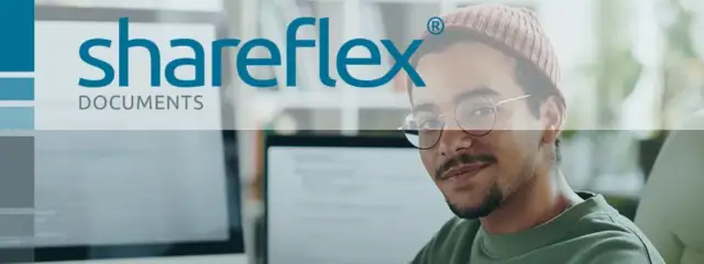 Ein junger Mann arbeitet an verschiedenen digitalen Dokumenten, darüber das Logo von Shareflex Documents.
