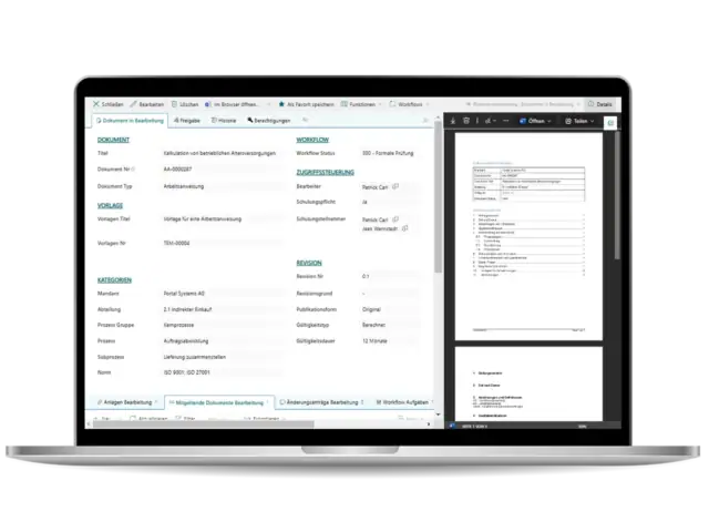 A document in progress with preview, secondary elements and workflow tasks | Shareflex® Quality Documents The user interface of Shareflex Quality Documents, the software for document control with SharePoint and Microsoft 365.