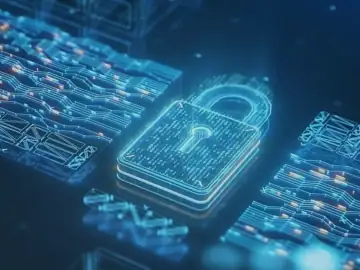 Eine angedeutete Platine mit Schaltkreisen und ein digitales Schloss als Symbol für IT-Security und Dokumentenmanagement.