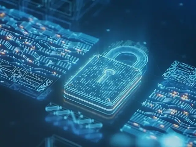 Eine angedeutete Platine mit Schaltkreisen und ein digitales Schloss als Symbol für IT-Security und Dokumentenmanagement.