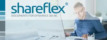Ein Geschäftsmann hat einen Dokumentenordner vor sich und tippt auf einem Taschenrechner, darüber das Logo von Shareflex Documents for Dynamics 365 BC.