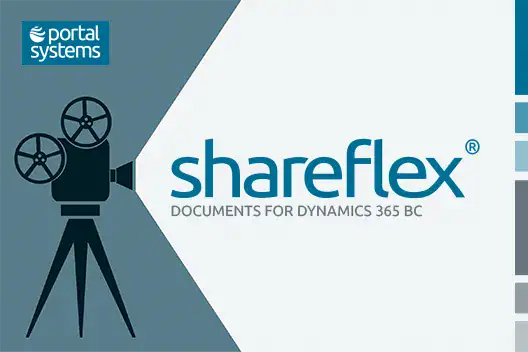 Shareflex® Documents for Dynamics 365 BC | Live-Demo Ein Filmprojektor unter dem Firmenlogo von Portal Systems und daneben das Logo von Shareflex Documents for Dynamivs BC, dem smarten DMS für Business Central.