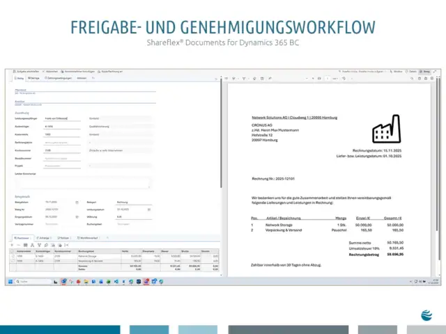 Freigabe- und Genehmigungsworkflow | Shareflex® Documents dor Dynamics 365 BC Die Benutzeroberfläche des Freigabe- und Genehmigungsworkflows in Business Central mit Shareflex® Documents dor Dynamics 365 BC.