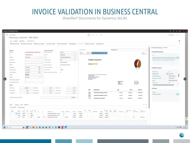 Invoice Validation in Business Central | Shareflex® Documents for Dynamics 365 BC The user interface for invoice validation in Business Central using Shareflex® Documents for Dynamics 365 BC.