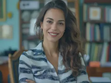 A friendly, smiling woman in front of a bookcase.